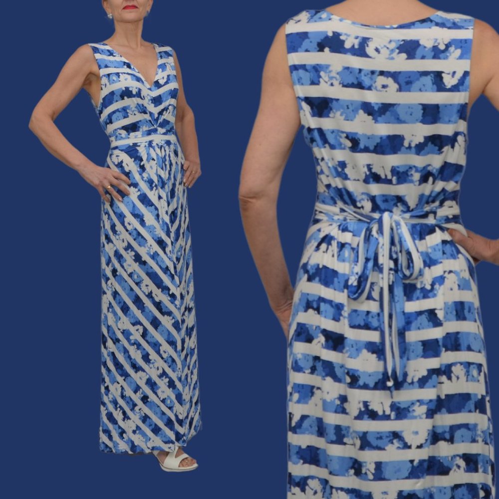 Ruby Rd. | V Neck Tie Back Maxi Dress | Size M | Blue Multi